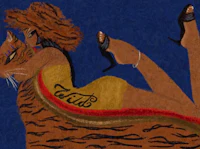 a painting of a woman laying on a tiger
