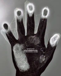 a black and white image of a hand with a web on it